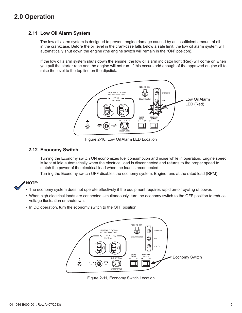0 operation, 11 low oil alarm system, 12 economy switch | Low oil alarm led (red), Figure 2-10, low oil alarm led location | Alpha Technologies AlphaGen ACX2000i 120V - Operator's Manual User Manual | Page 19 / 38