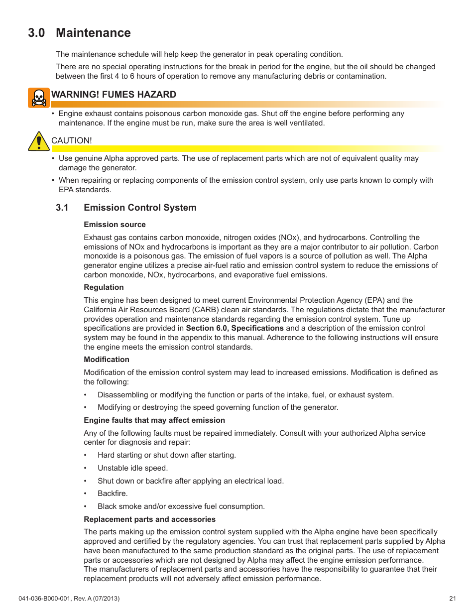 0 maintenance | Alpha Technologies AlphaGen ACX2000i 120V - Operator's Manual User Manual | Page 21 / 38