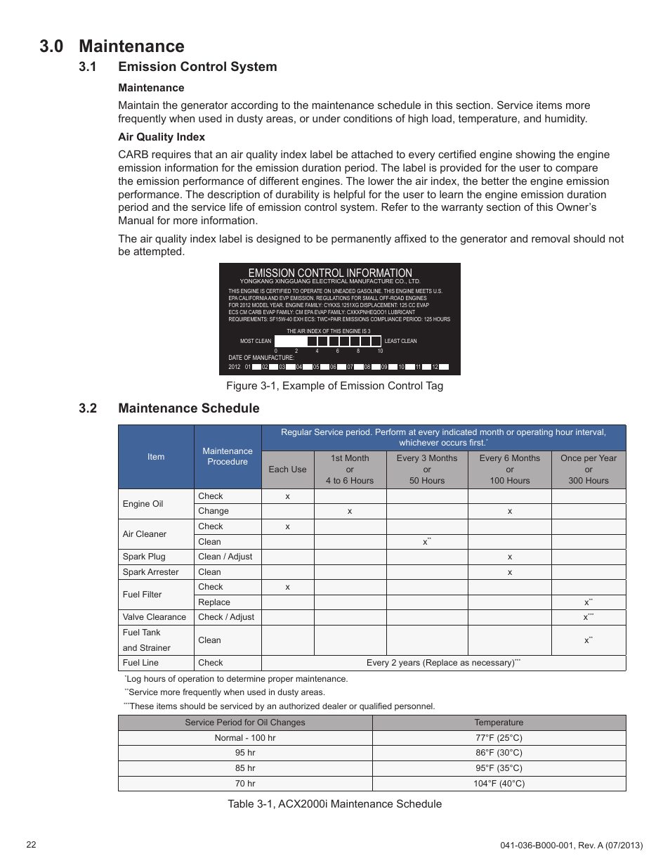 0 maintenance, 2 maintenance schedule, 1 emission control system | Emission control information | Alpha Technologies AlphaGen ACX2000i 120V - Operator's Manual User Manual | Page 22 / 38