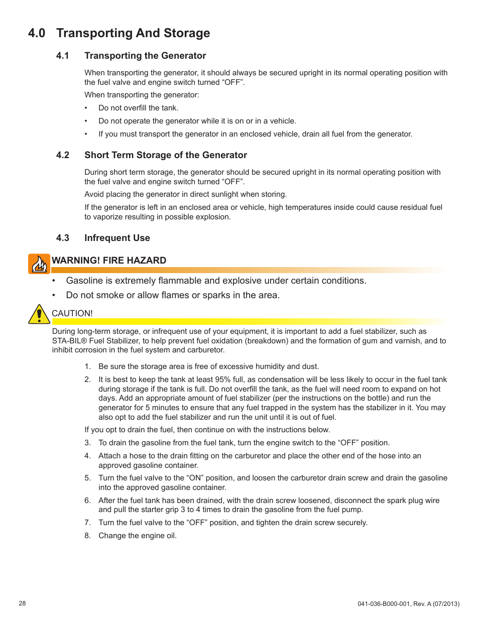 0 transporting and storage | Alpha Technologies AlphaGen ACX2000i 120V - Operator's Manual User Manual | Page 28 / 38