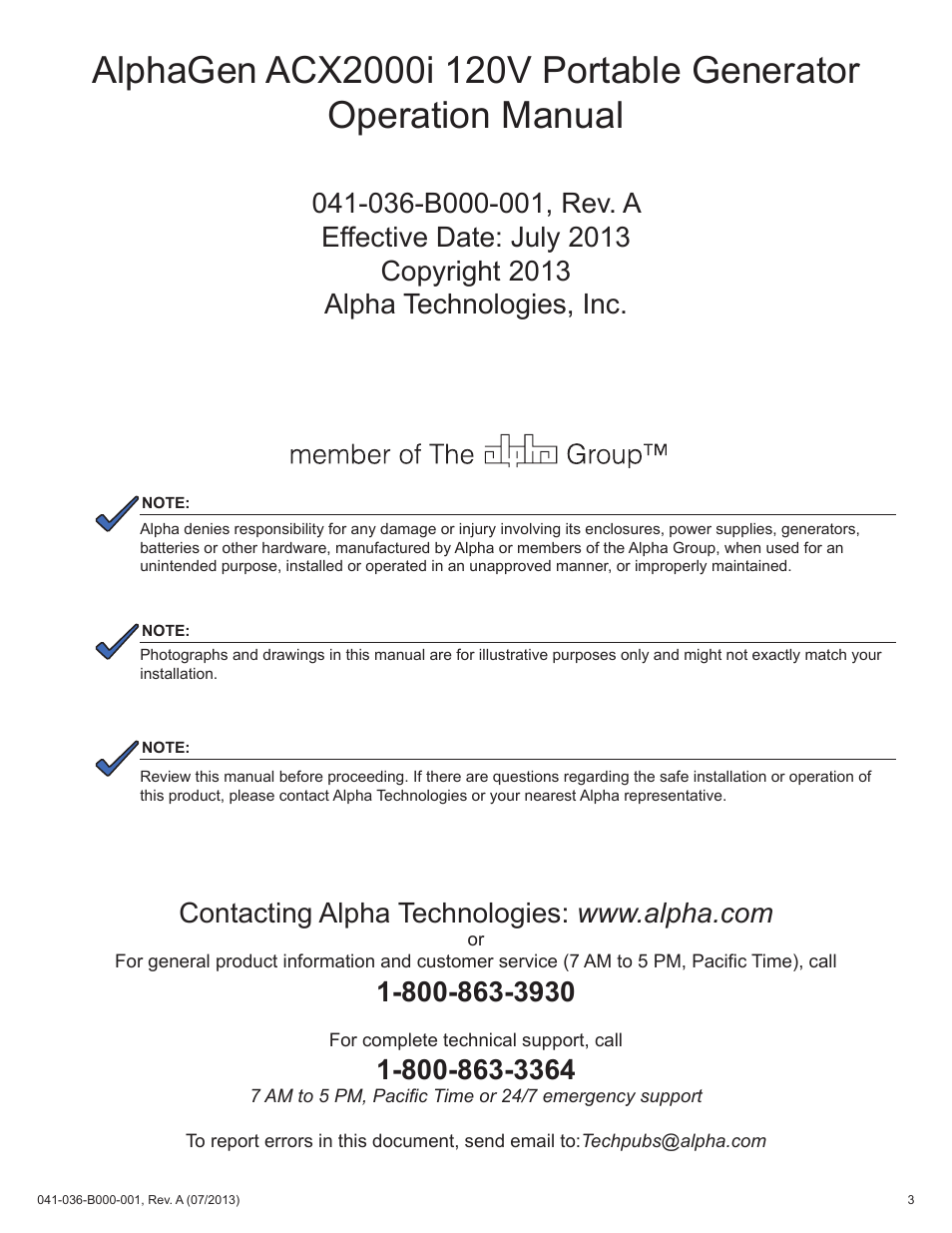 Alpha Technologies AlphaGen ACX2000i 120V - Operator's Manual User Manual | Page 3 / 38