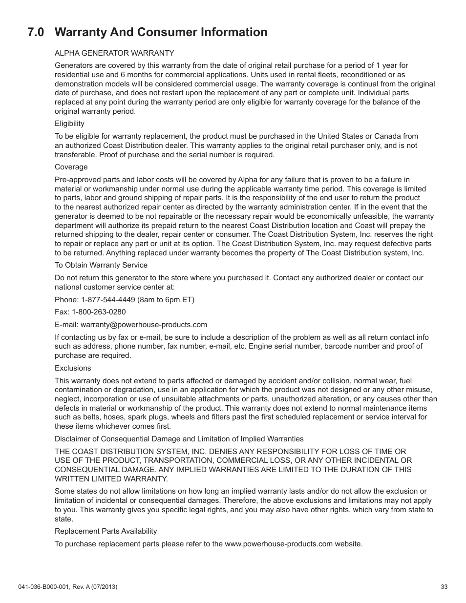 0 warranty and consumer information | Alpha Technologies AlphaGen ACX2000i 120V - Operator's Manual User Manual | Page 33 / 38