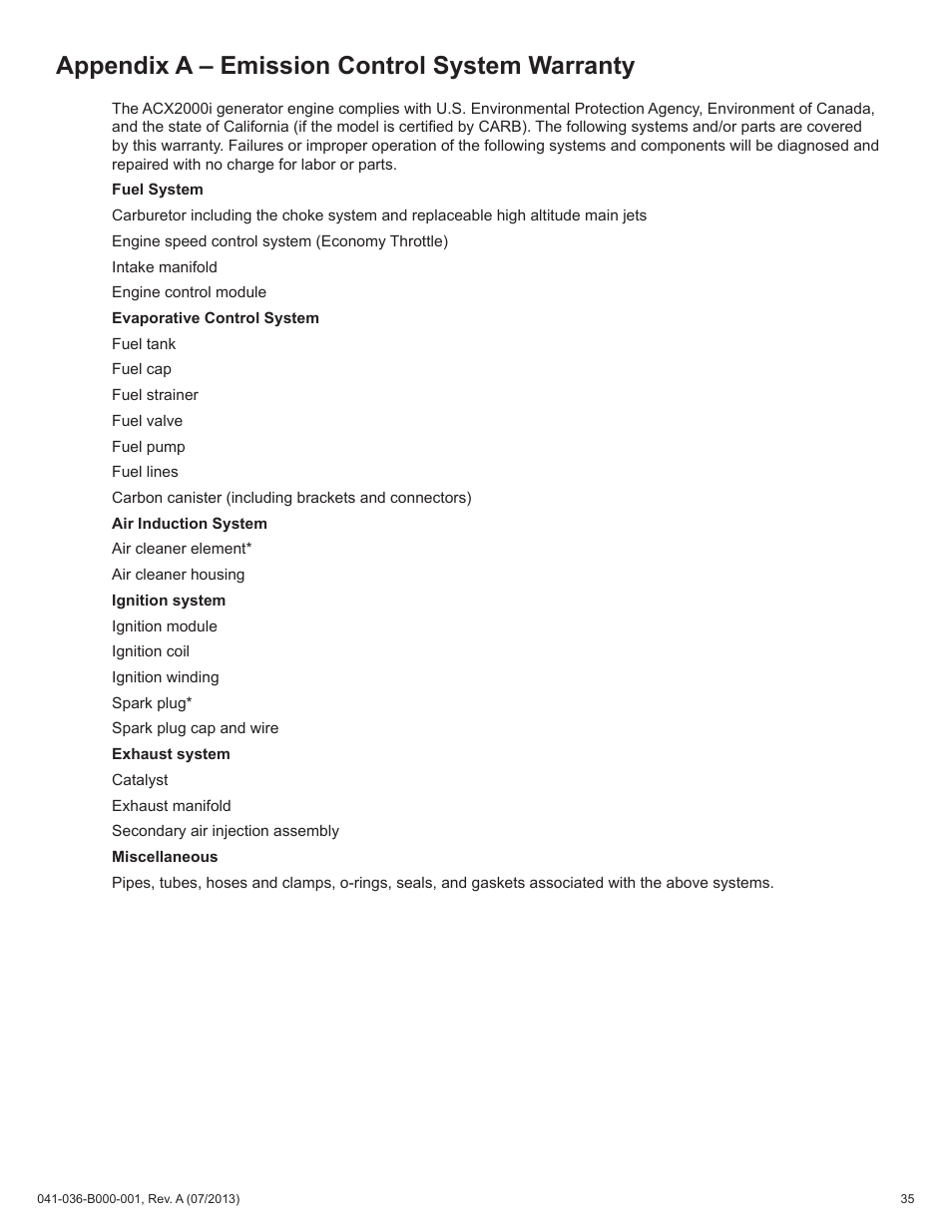 Appendix a – emission control system warranty | Alpha Technologies AlphaGen ACX2000i 120V - Operator's Manual User Manual | Page 35 / 38