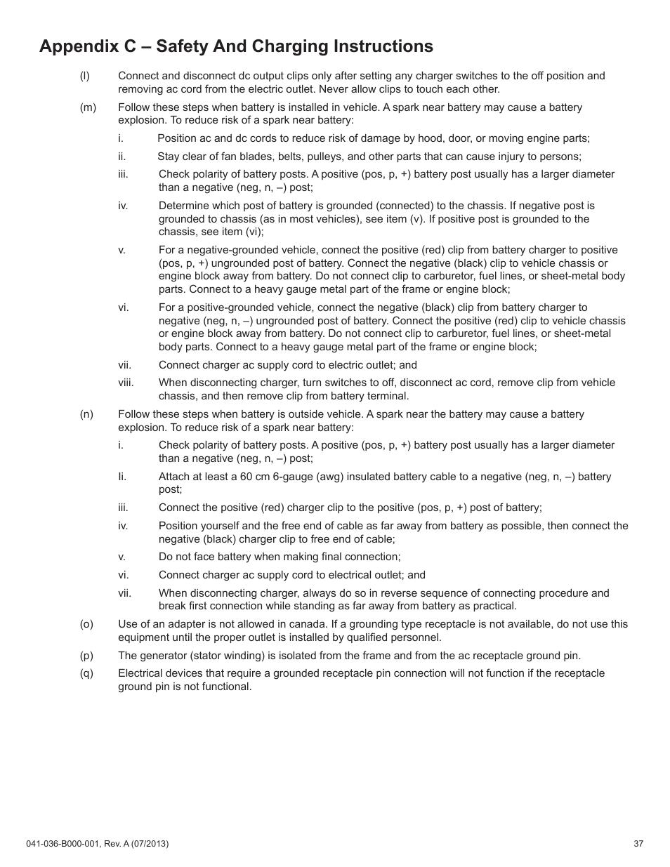 Appendix c – safety and charging instructions | Alpha Technologies AlphaGen ACX2000i 120V - Operator's Manual User Manual | Page 37 / 38