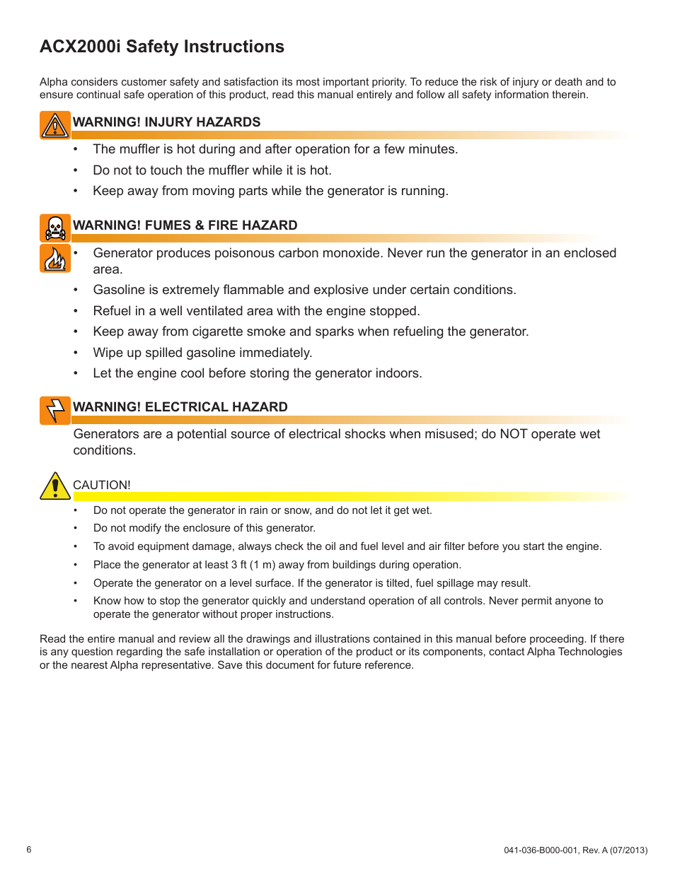 Acx2000i safety instructions | Alpha Technologies AlphaGen ACX2000i 120V - Operator's Manual User Manual | Page 6 / 38