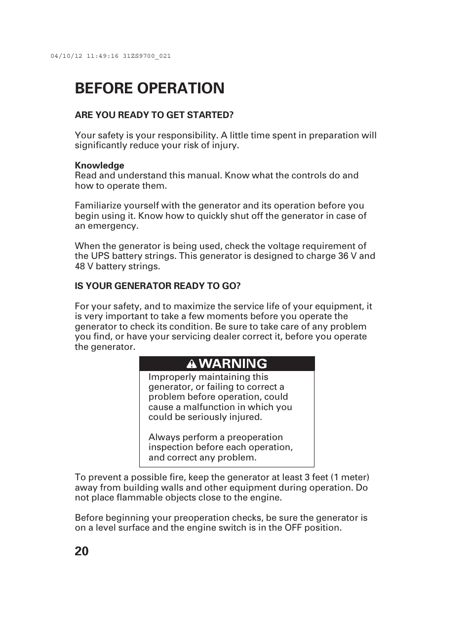 Before operation | Alpha Technologies AlphaGen DCX3000 Honda User Manual | Page 22 / 76