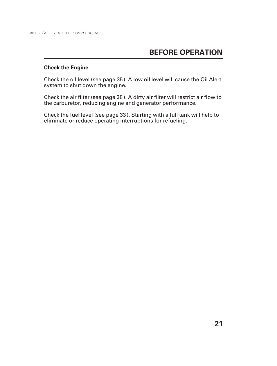 21 before operation | Alpha Technologies AlphaGen DCX3000 Honda User Manual | Page 23 / 76