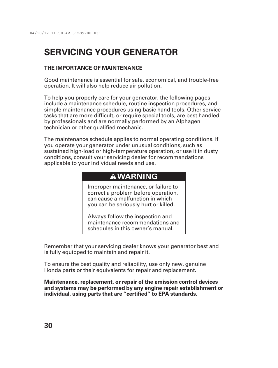Servicing your generator | Alpha Technologies AlphaGen DCX3000 Honda User Manual | Page 32 / 76