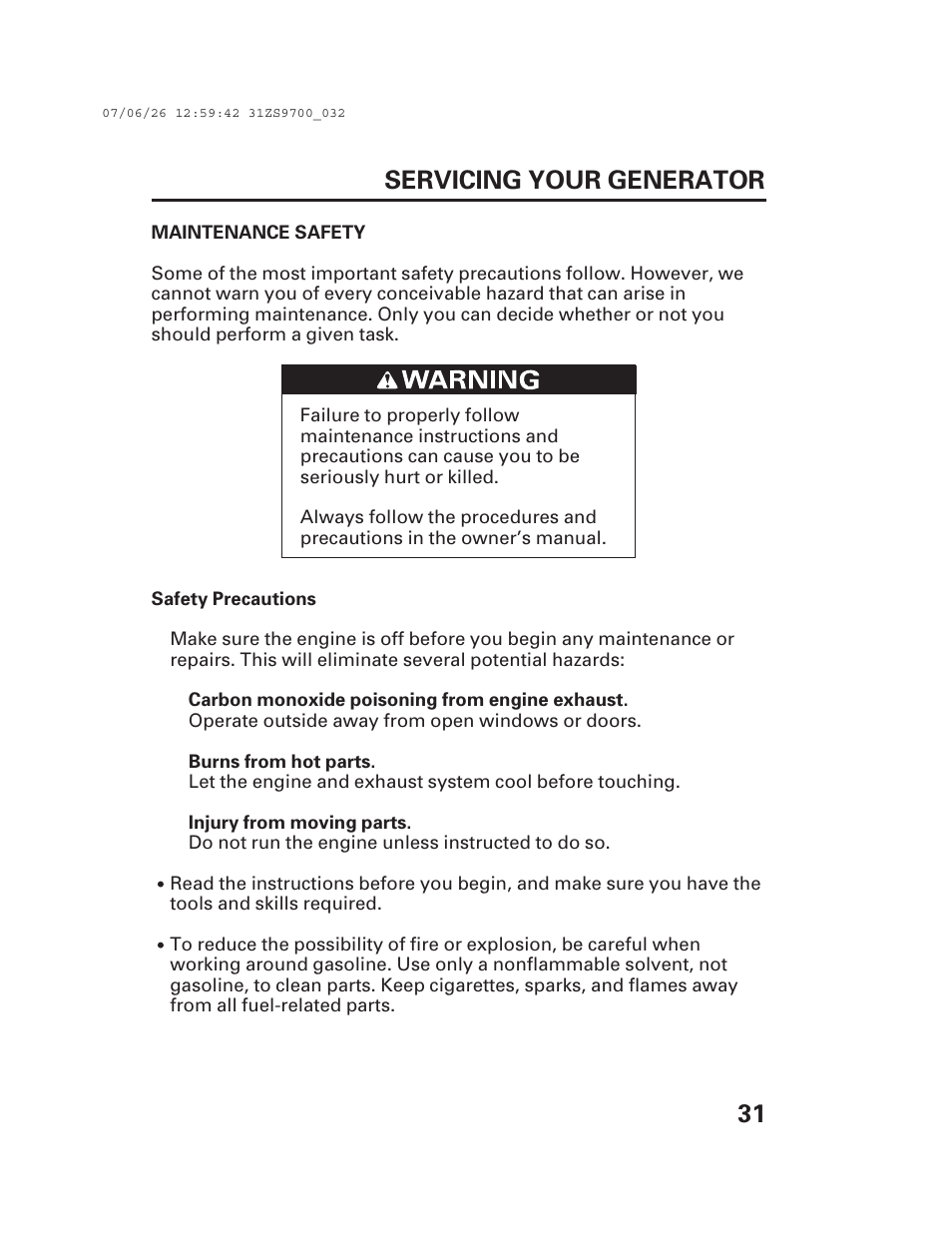 31 servicing your generator | Alpha Technologies AlphaGen DCX3000 Honda User Manual | Page 33 / 76