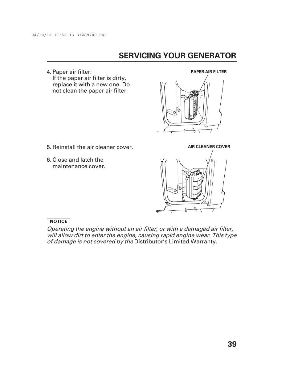 39 servicing your generator | Alpha Technologies AlphaGen DCX3000 Honda User Manual | Page 41 / 76