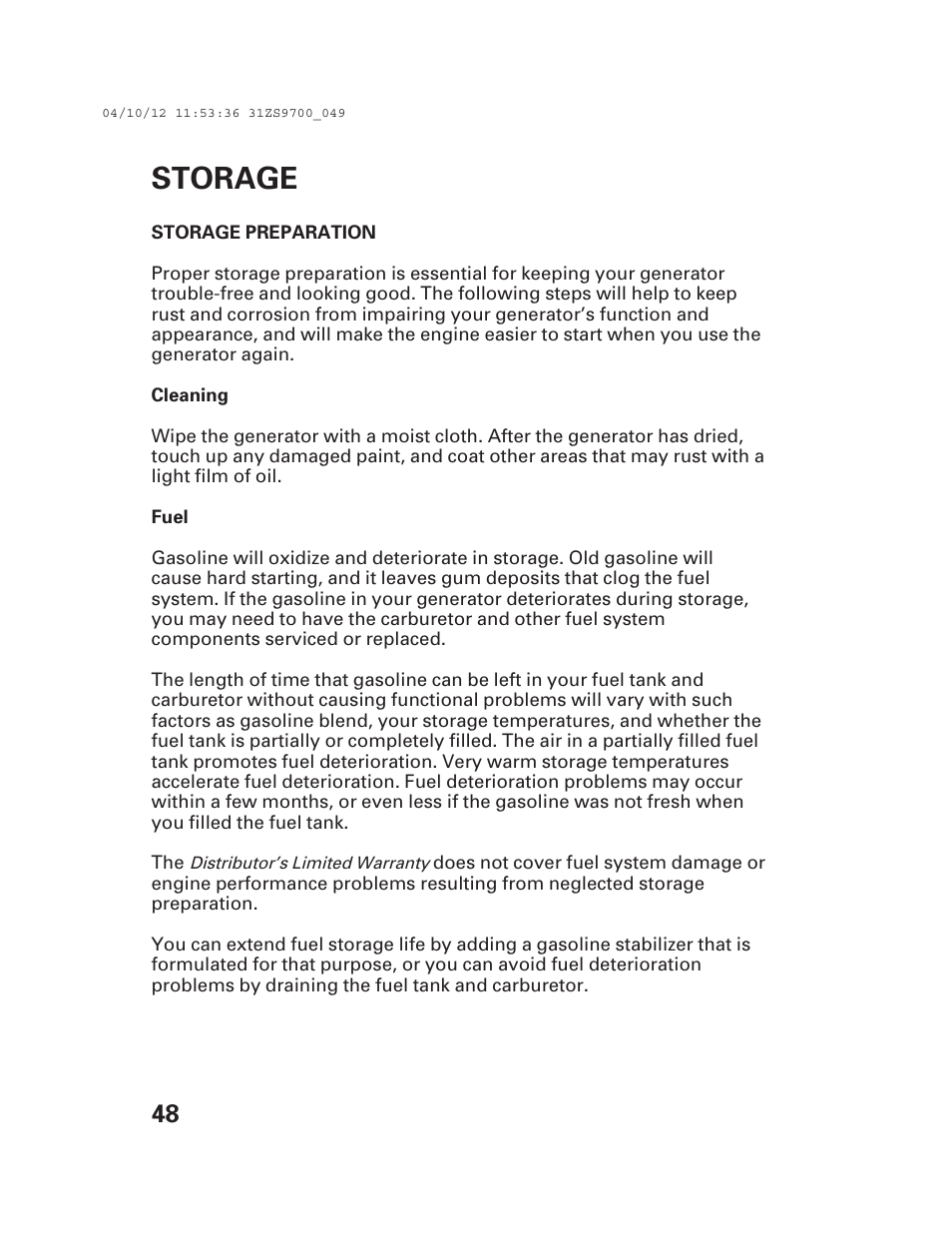 Storage | Alpha Technologies AlphaGen DCX3000 Honda User Manual | Page 50 / 76