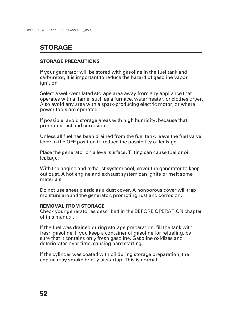 52 storage | Alpha Technologies AlphaGen DCX3000 Honda User Manual | Page 54 / 76