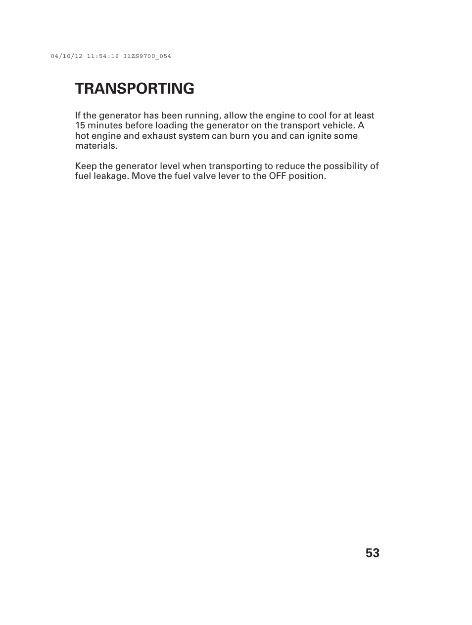Transporting | Alpha Technologies AlphaGen DCX3000 Honda User Manual | Page 55 / 76