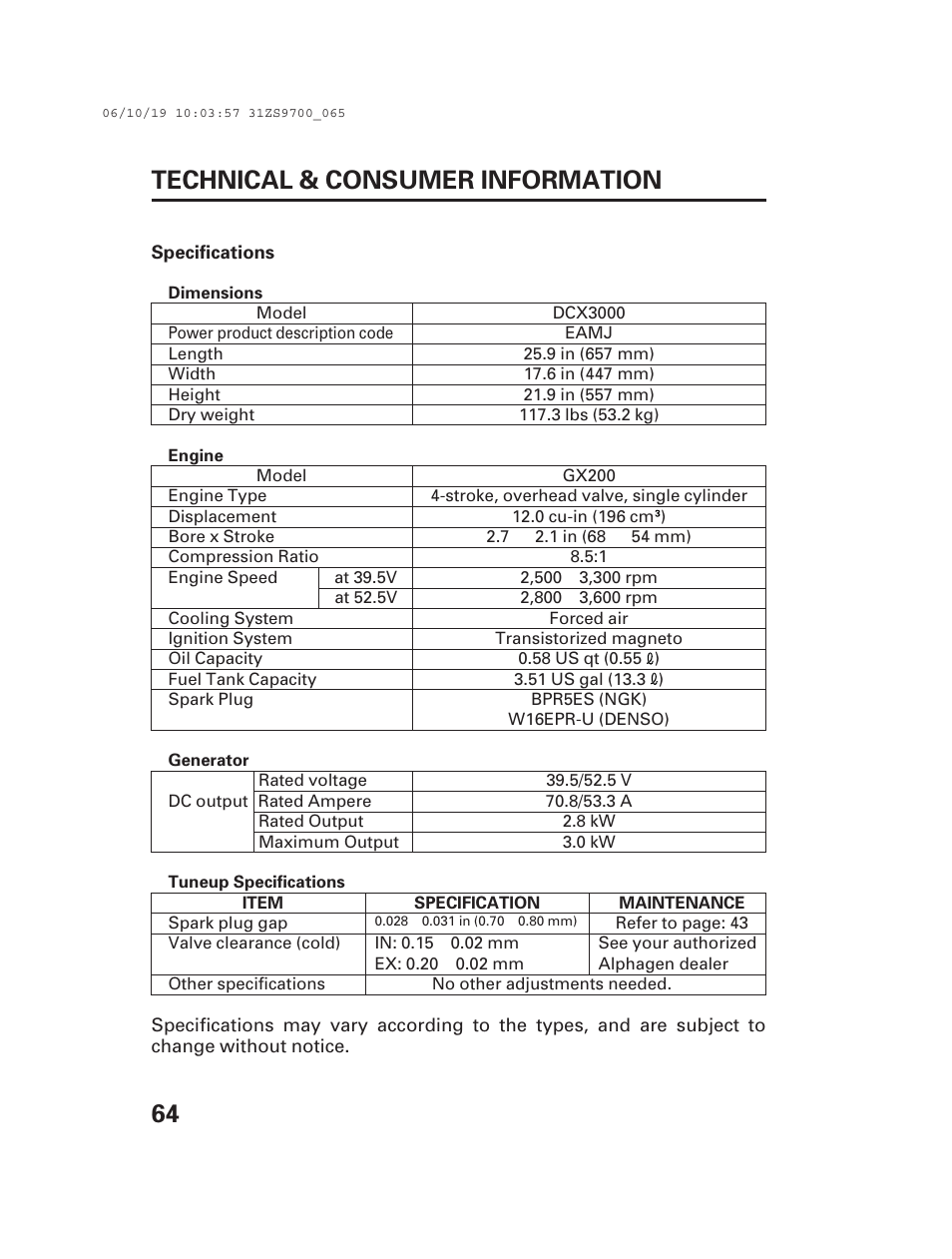 64 technical & consumer information | Alpha Technologies AlphaGen DCX3000 Honda User Manual | Page 66 / 76