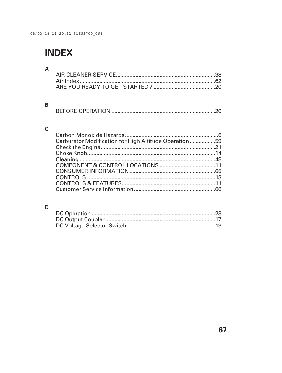 Index | Alpha Technologies AlphaGen DCX3000 Honda User Manual | Page 69 / 76