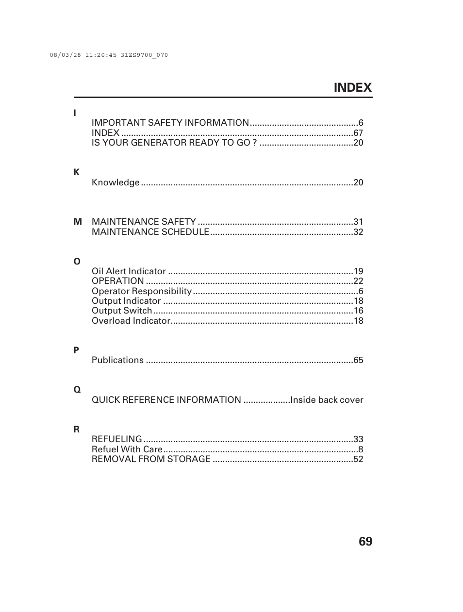 69 index | Alpha Technologies AlphaGen DCX3000 Honda User Manual | Page 71 / 76
