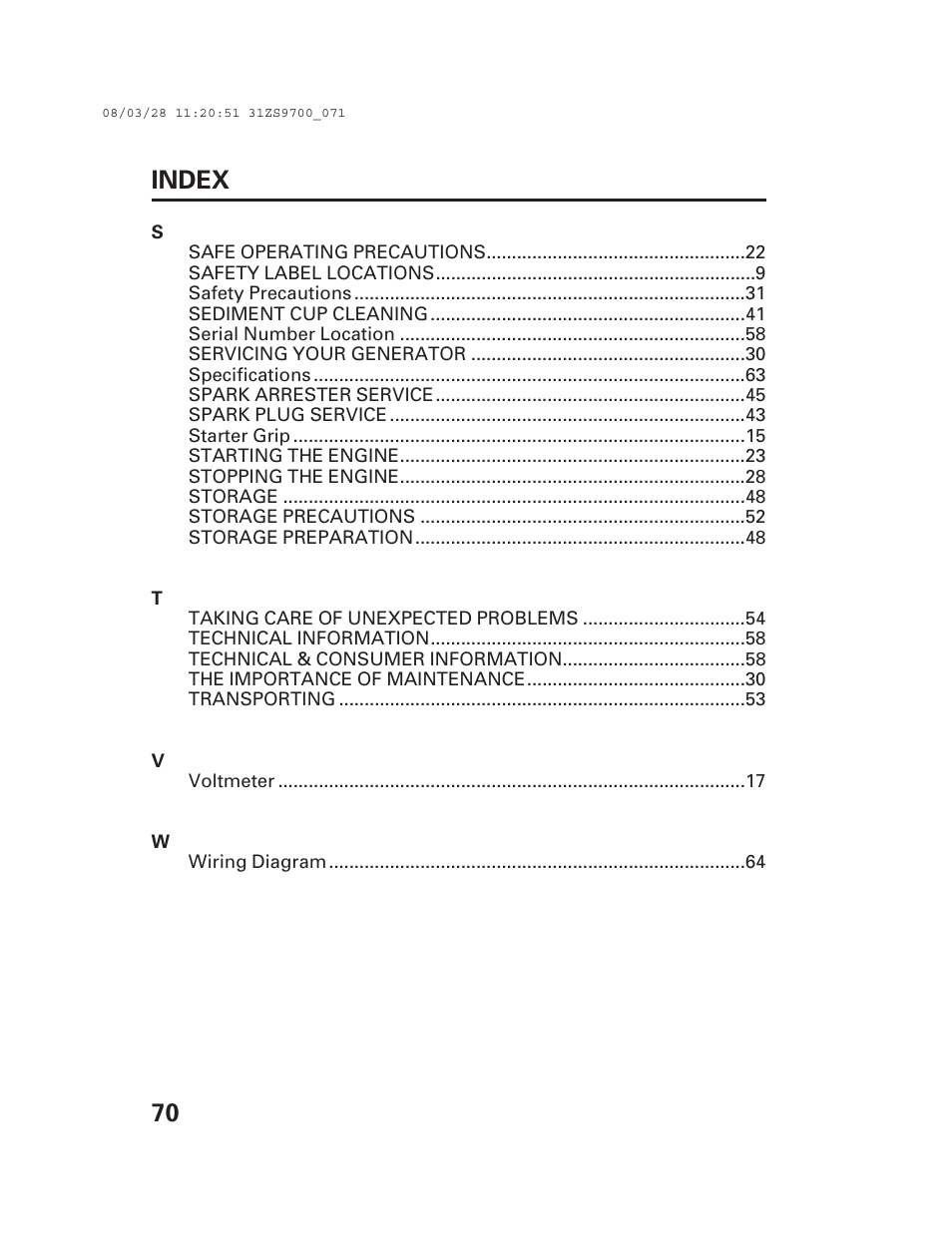 70 index | Alpha Technologies AlphaGen DCX3000 Honda User Manual | Page 72 / 76