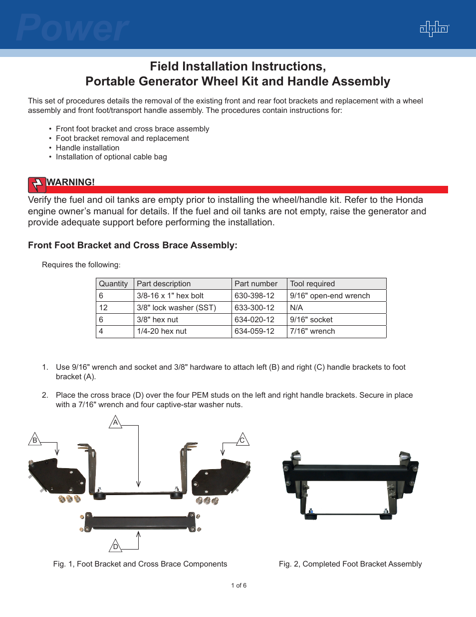 Alpha Technologies Portable Generator Wheel Kit and Handle Assembly User Manual | 6 pages