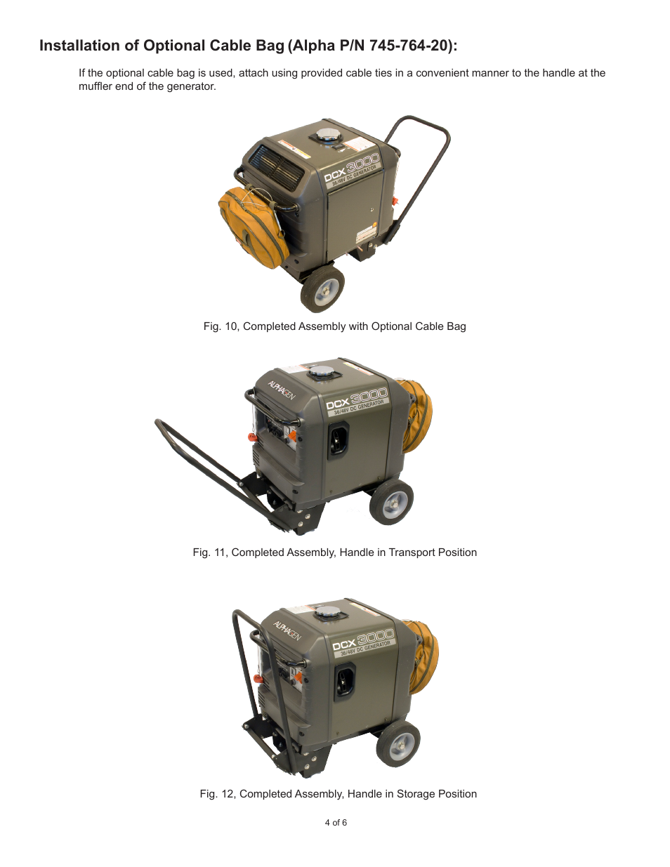 Installation of optional cable bag | Alpha Technologies Portable Generator Wheel Kit and Handle Assembly User Manual | Page 4 / 6