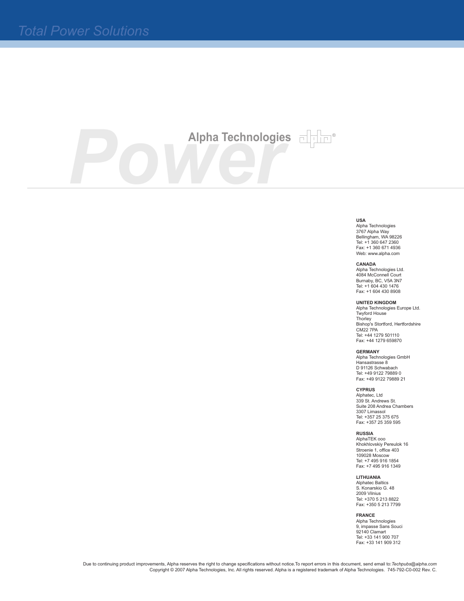 Power, Argus cordex, Cxrc 2ru series argus cordex | Cxrc 4ru series total power solutions, Alpha technologies | Alpha Technologies Portable Generator Wheel Kit and Handle Assembly User Manual | Page 6 / 6