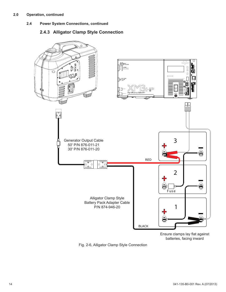 3 alligator clamp style connection, 4 power system connections, continued, 0 operation, continued | Alm/ rdy, Reg ds act lnk blue = warn red = out grn = ok, Red black | Alpha Technologies AlphaGen DCX2000 - Operator's Manual User Manual | Page 14 / 31