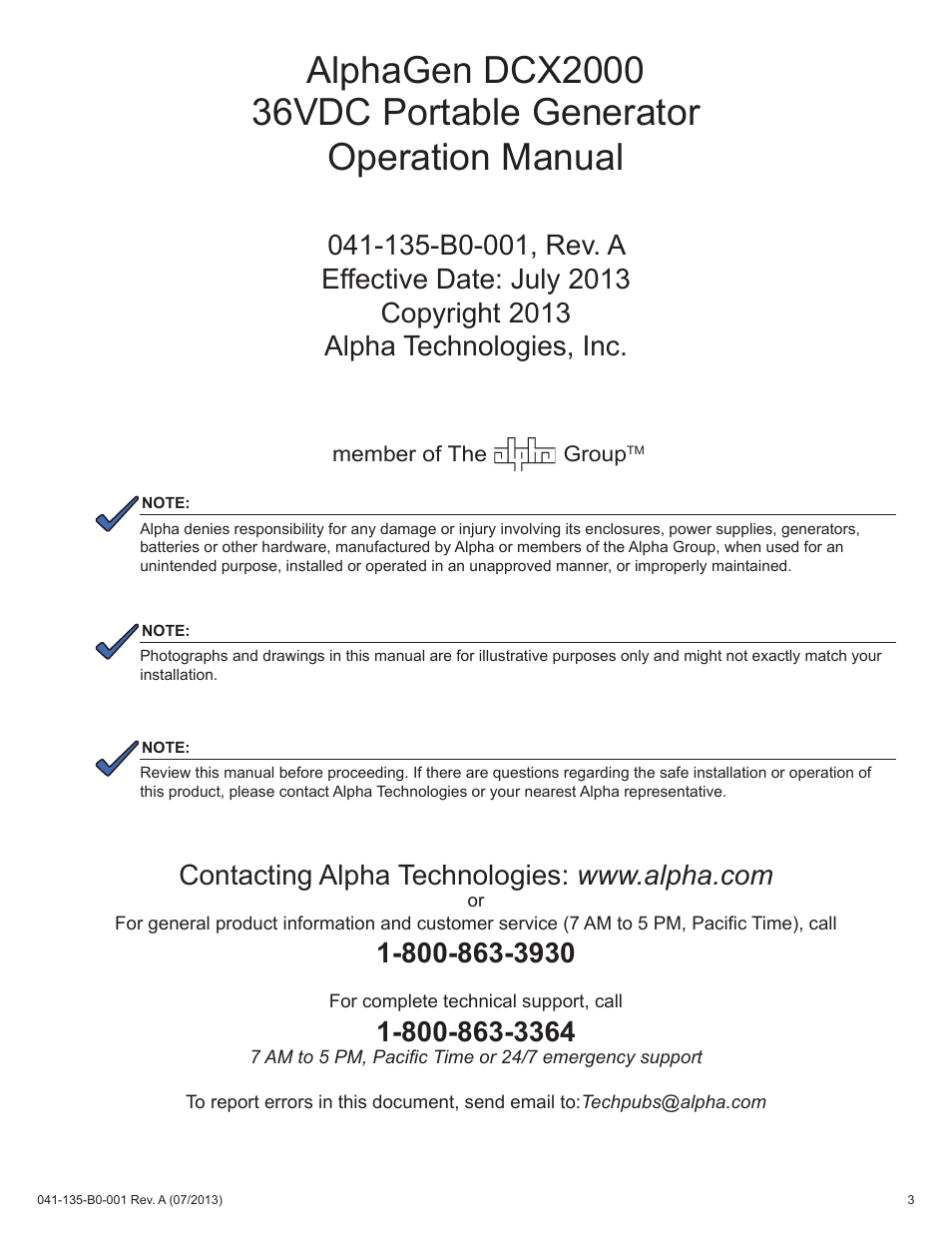 Alpha Technologies AlphaGen DCX2000 - Operator's Manual User Manual | Page 3 / 31