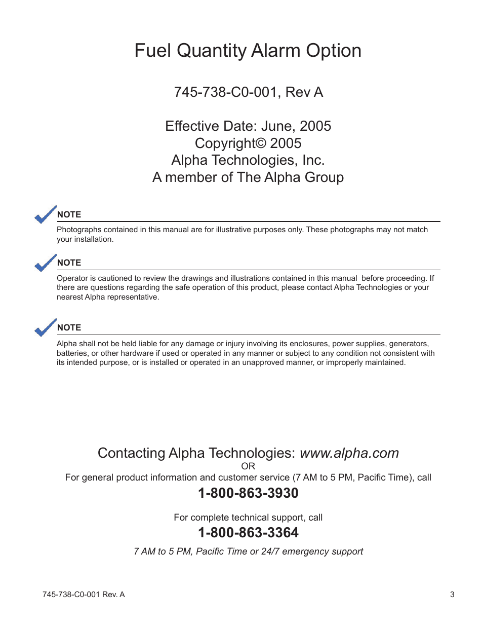 Fuel quantity alarm option | Alpha Technologies CE3G User Manual | Page 3 / 22