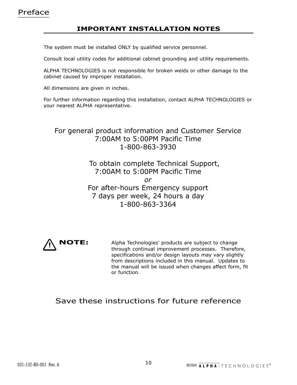 Preface, Save these instructions for future reference | Alpha Technologies AlphaGen 5.0kW Auxiliary Power Unit User Manual | Page 10 / 88