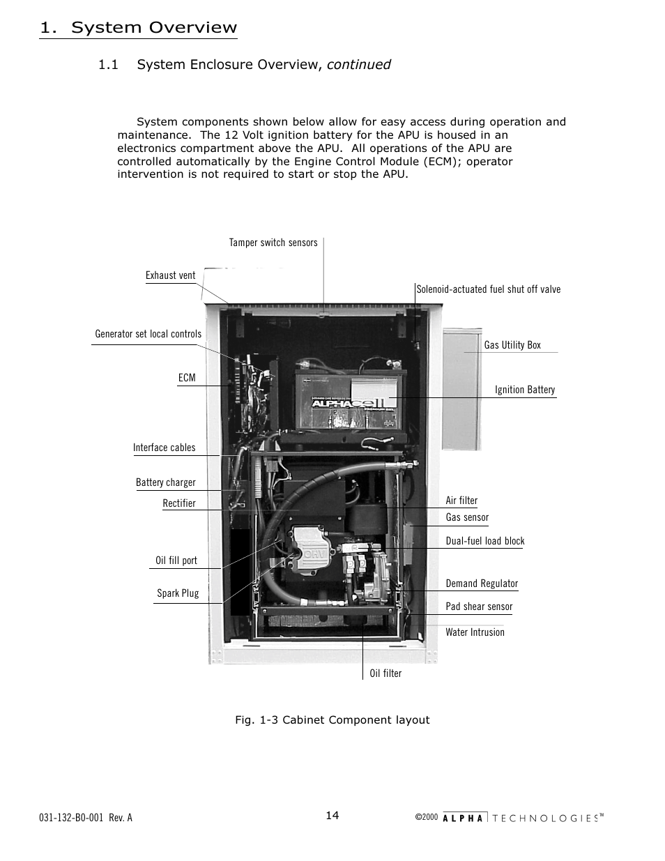 Fig. 1-3 cabinet component layout, Fig. 1-3, Cabinet component layout | System overview | Alpha Technologies AlphaGen 5.0kW Auxiliary Power Unit User Manual | Page 14 / 88