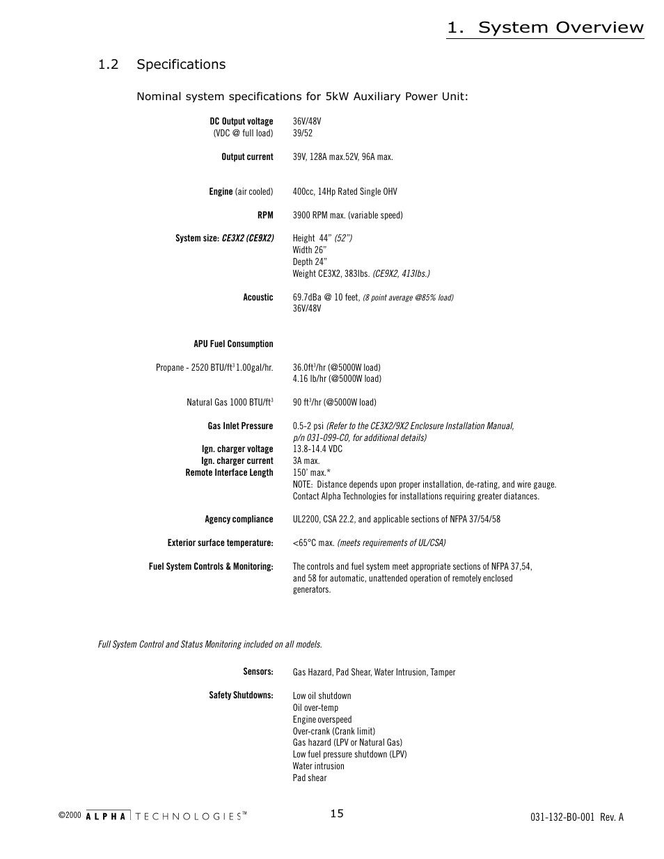2 specifications, System overview | Alpha Technologies AlphaGen 5.0kW Auxiliary Power Unit User Manual | Page 15 / 88