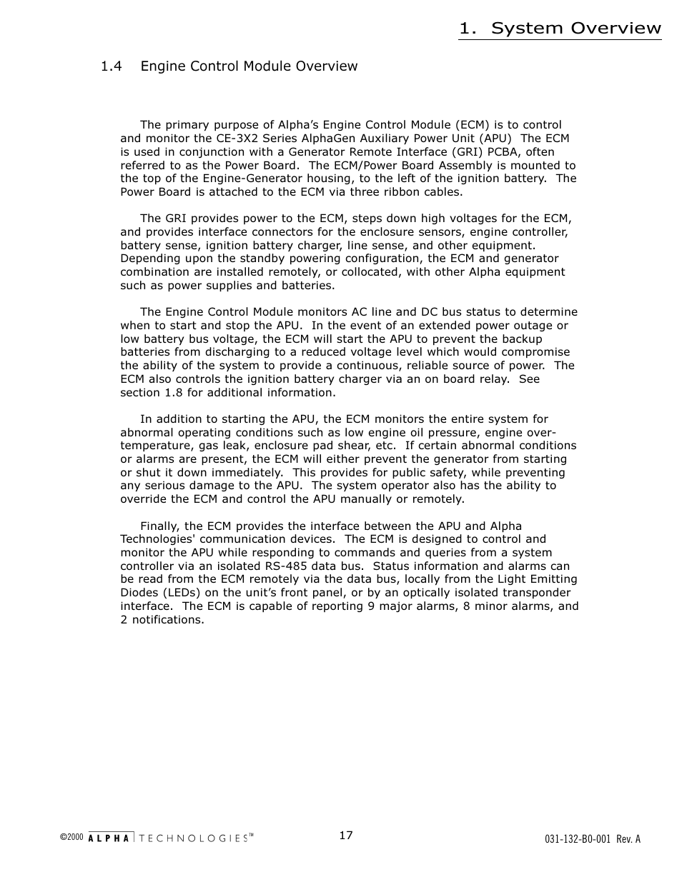 4 engine control module overview, System overview | Alpha Technologies AlphaGen 5.0kW Auxiliary Power Unit User Manual | Page 17 / 88