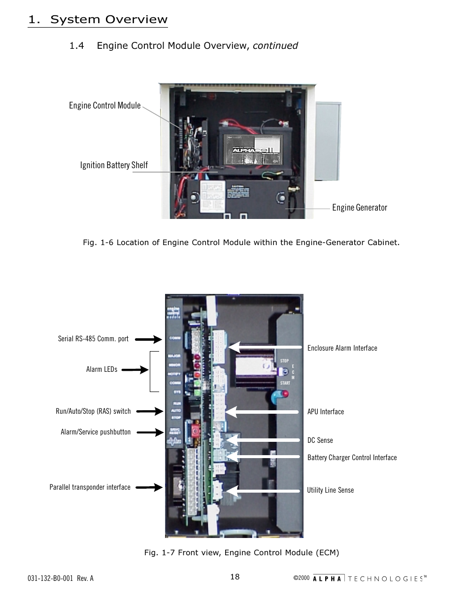 Fig. 1-7 front view, engine control module (ecm), Fig. 1-6, Fig. 1-7 | Front view, engine control module (ecm), System overview, Engine control module | Alpha Technologies AlphaGen 5.0kW Auxiliary Power Unit User Manual | Page 18 / 88