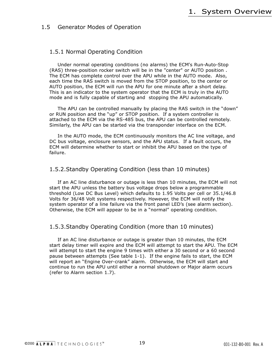 5 generator modes of operation, 1 normal operating condition, System overview | Alpha Technologies AlphaGen 5.0kW Auxiliary Power Unit User Manual | Page 19 / 88