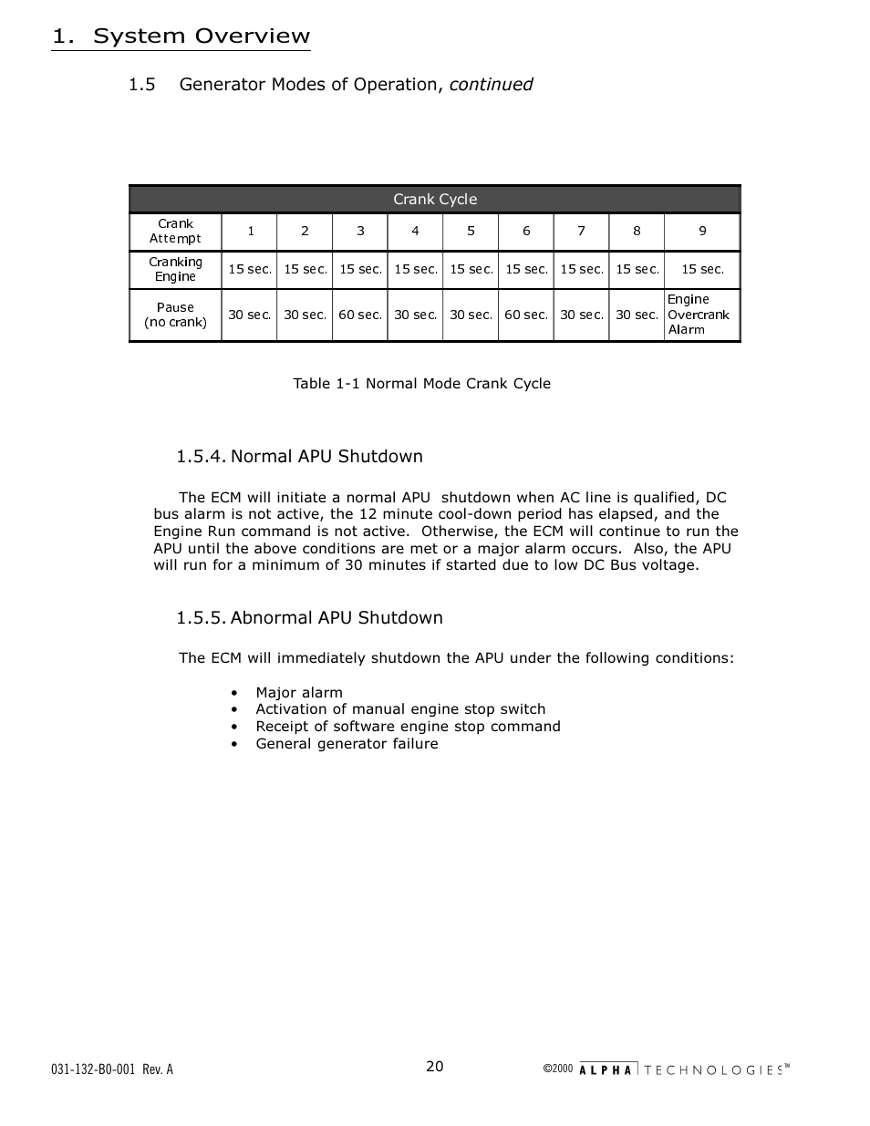 4 normal apu shutdown, 5 abnormal apu shutdown, Table 1-1 normal mode crank cycle | System overview, Abnormal apu shutdown | Alpha Technologies AlphaGen 5.0kW Auxiliary Power Unit User Manual | Page 20 / 88