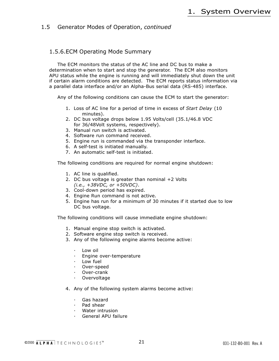 6 ecm operating mode summary, System overview | Alpha Technologies AlphaGen 5.0kW Auxiliary Power Unit User Manual | Page 21 / 88