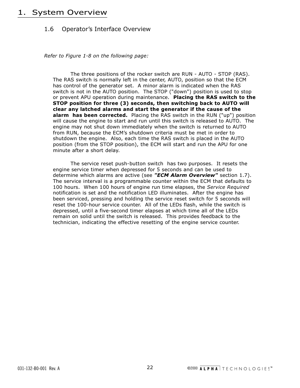 6 operator's interface overview, 6 operators interface overview, System overview | Alpha Technologies AlphaGen 5.0kW Auxiliary Power Unit User Manual | Page 22 / 88
