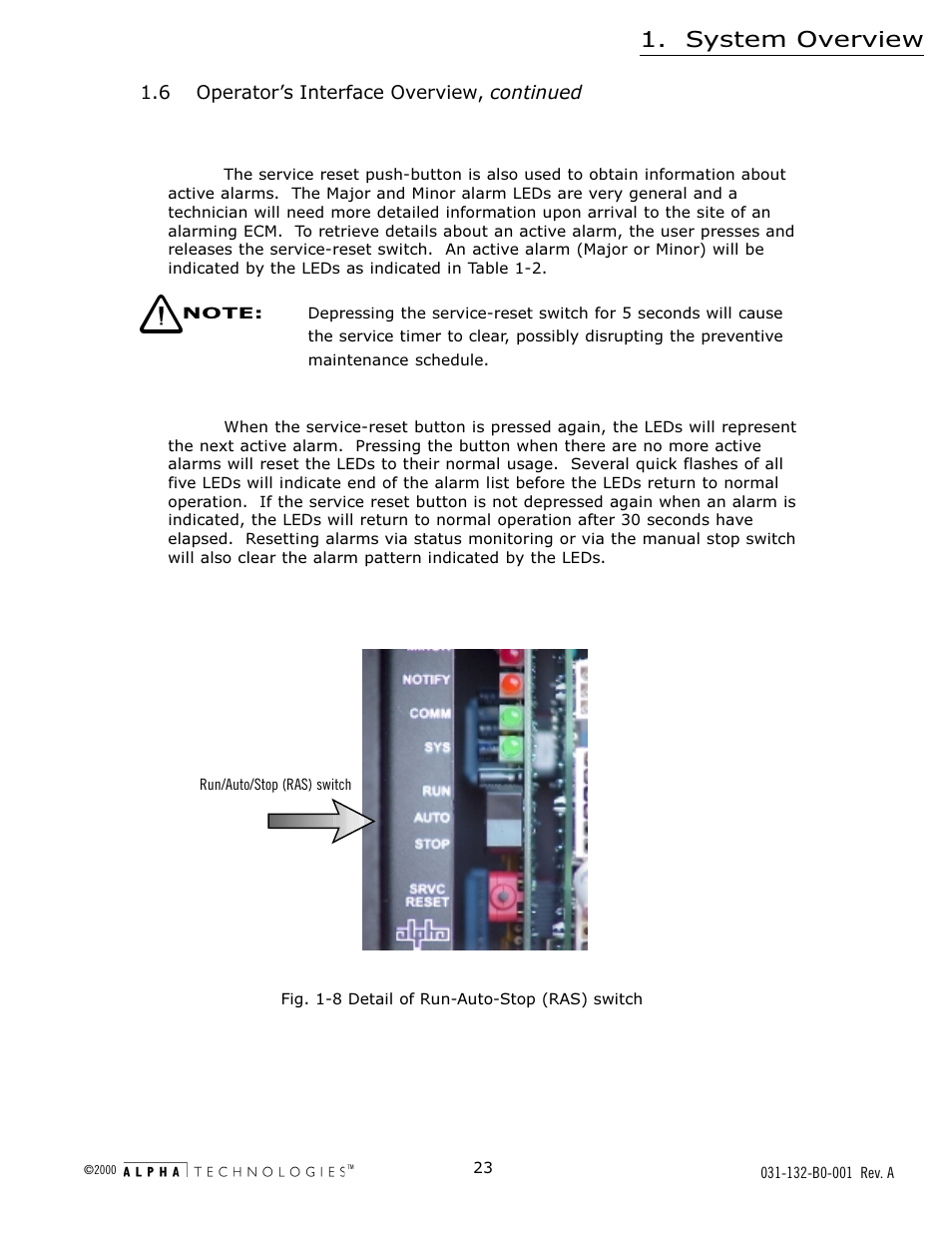 Fig. 1-8 detail of run-auto-stop (ras) switch, Fig. 1-8, Detail of run-auto-stop (ras) switch | System overview | Alpha Technologies AlphaGen 5.0kW Auxiliary Power Unit User Manual | Page 23 / 88