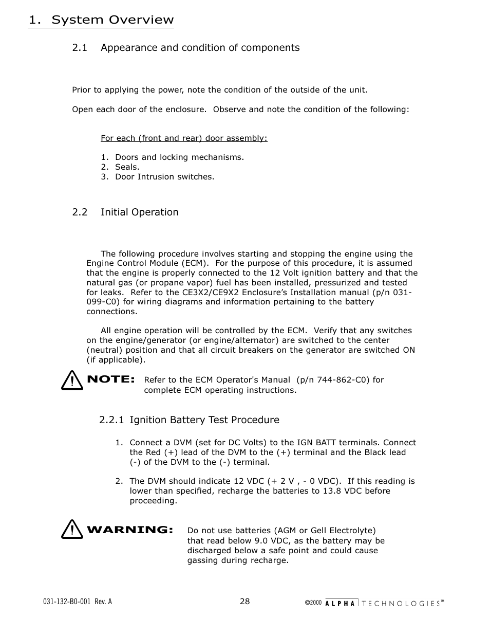 1 appearance and condition of components, 2 initial operation, 1 ignition battery test procedure | System overview | Alpha Technologies AlphaGen 5.0kW Auxiliary Power Unit User Manual | Page 28 / 88