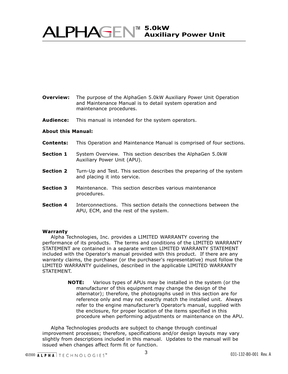 Alpha Technologies AlphaGen 5.0kW Auxiliary Power Unit User Manual | Page 3 / 88