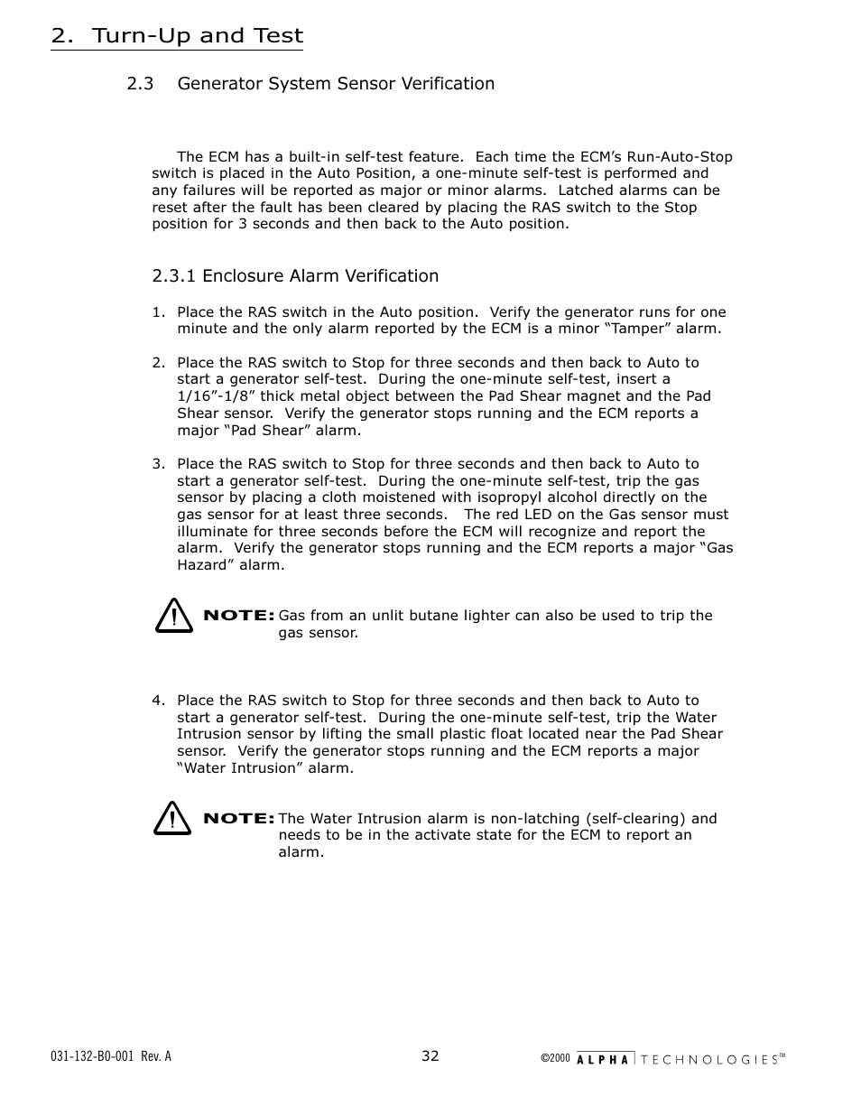3 generator system sensor verification, 1 enclosure alarm verification, Turn-up and test | Alpha Technologies AlphaGen 5.0kW Auxiliary Power Unit User Manual | Page 32 / 88