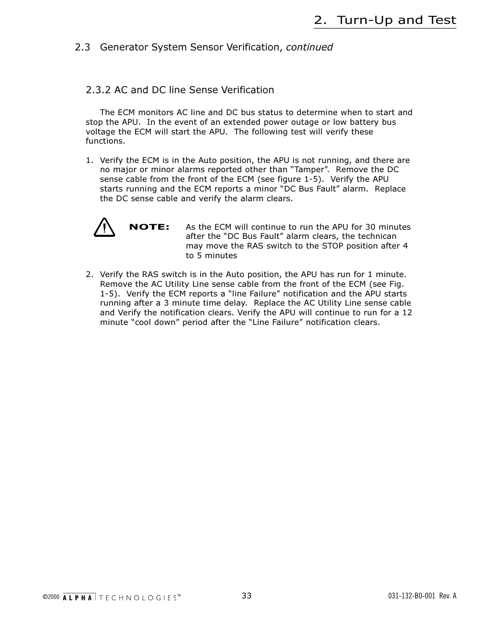 2 ac and dc line sense verification, Turn-up and test | Alpha Technologies AlphaGen 5.0kW Auxiliary Power Unit User Manual | Page 33 / 88