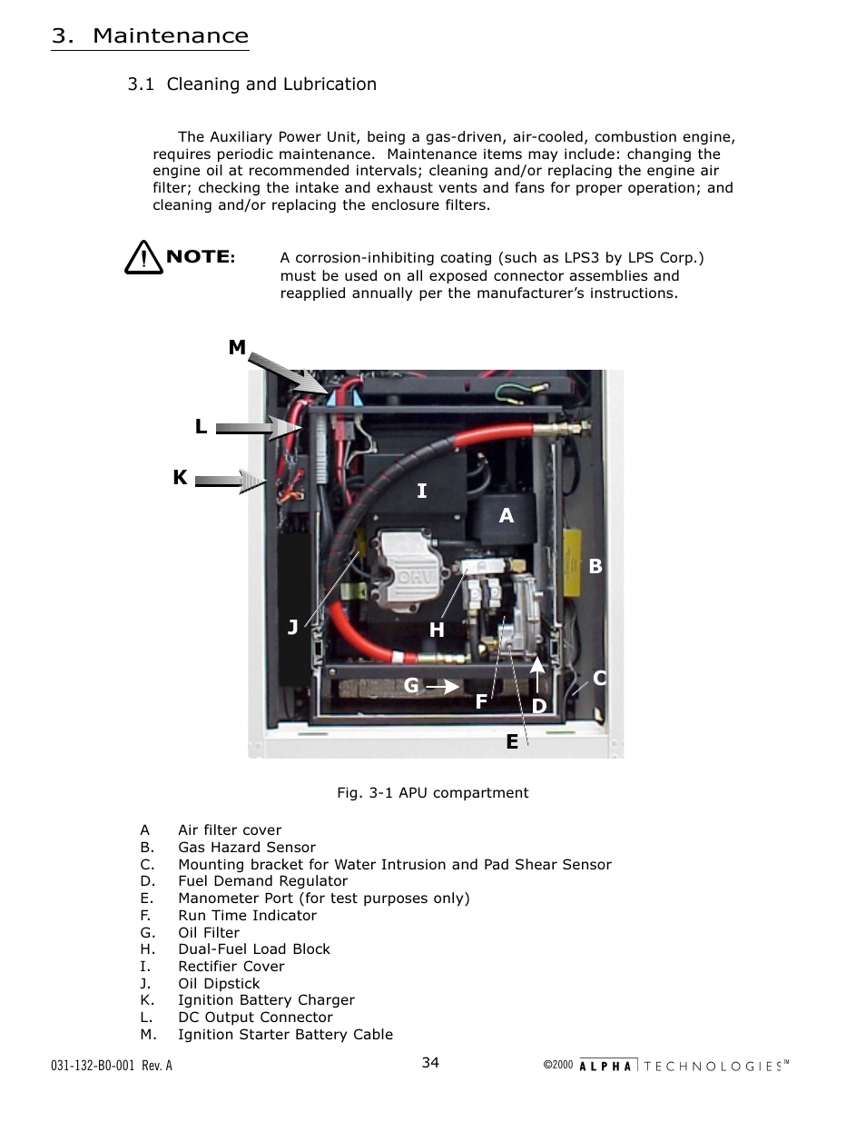 1 cleaning and lubrication, Fig. 3-1 apu compartment, Fig. 3-1 | Apu compartment, Maintenance, Km l | Alpha Technologies AlphaGen 5.0kW Auxiliary Power Unit User Manual | Page 34 / 88