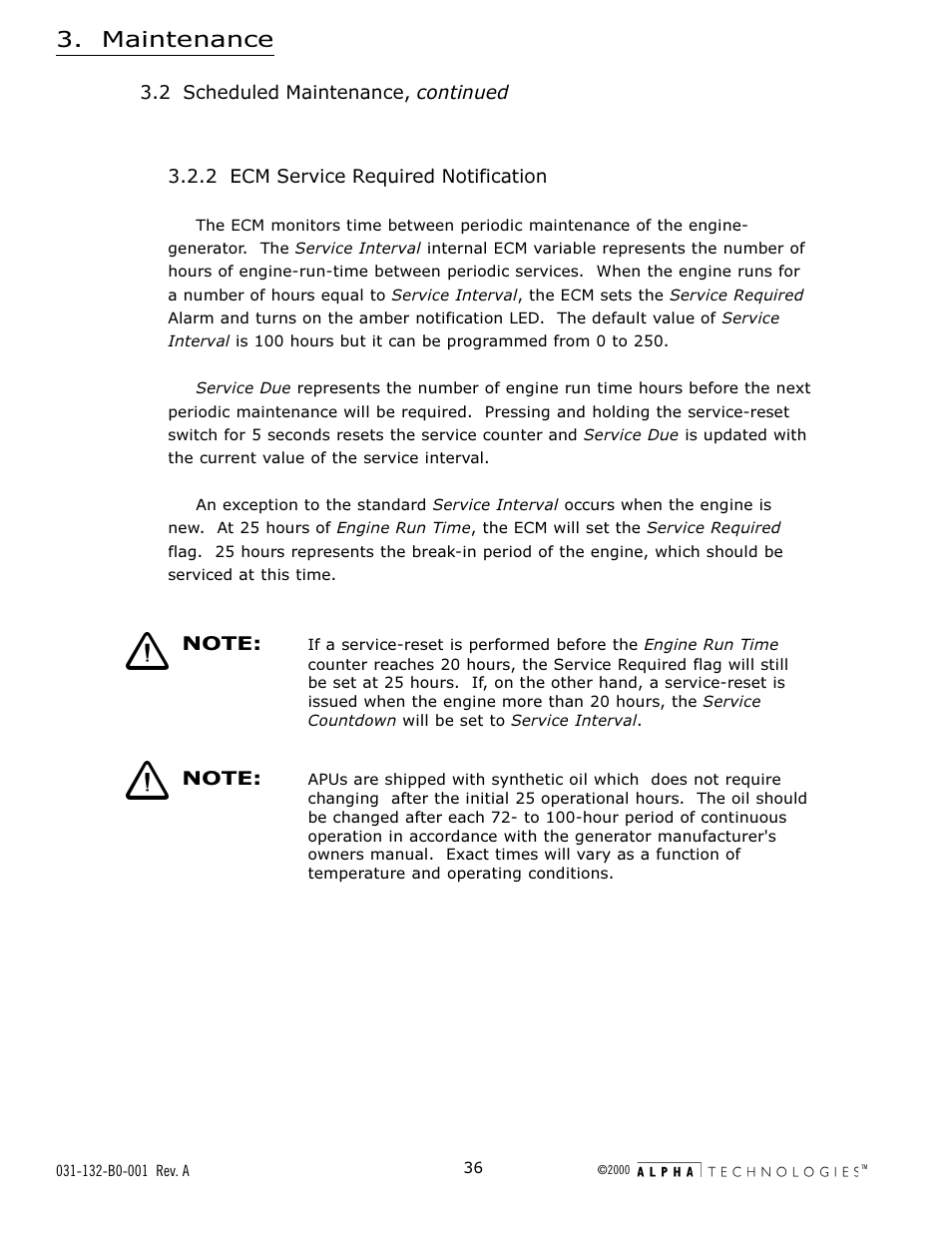 2 ecm service required notification, Maintenance | Alpha Technologies AlphaGen 5.0kW Auxiliary Power Unit User Manual | Page 36 / 88