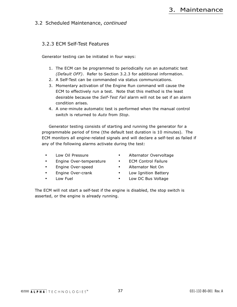 3 ecm self-test features, Maintenance | Alpha Technologies AlphaGen 5.0kW Auxiliary Power Unit User Manual | Page 37 / 88