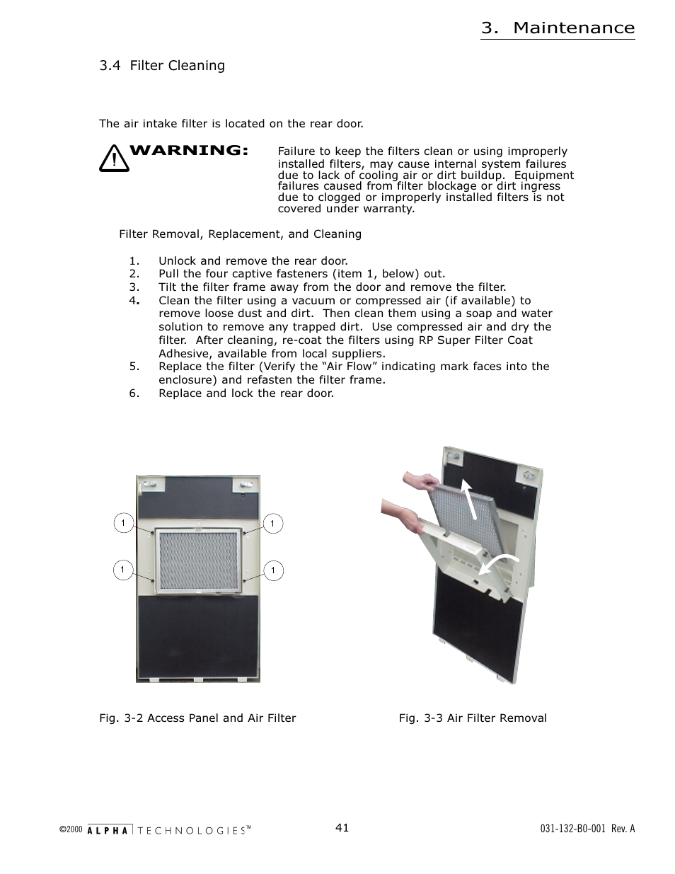4 filter cleaning, Fig. 3-2 access panel and air filter, Fig. 3-3 air filter removal | Fig. 3-2, Access panel and air filter, Fig. 3-3, Air filter removal, Maintenance | Alpha Technologies AlphaGen 5.0kW Auxiliary Power Unit User Manual | Page 41 / 88