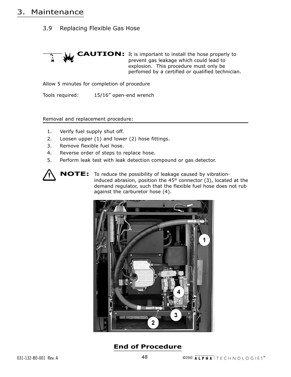 9 replacing flexible gas hose, Maintenance | Alpha Technologies AlphaGen 5.0kW Auxiliary Power Unit User Manual | Page 48 / 88
