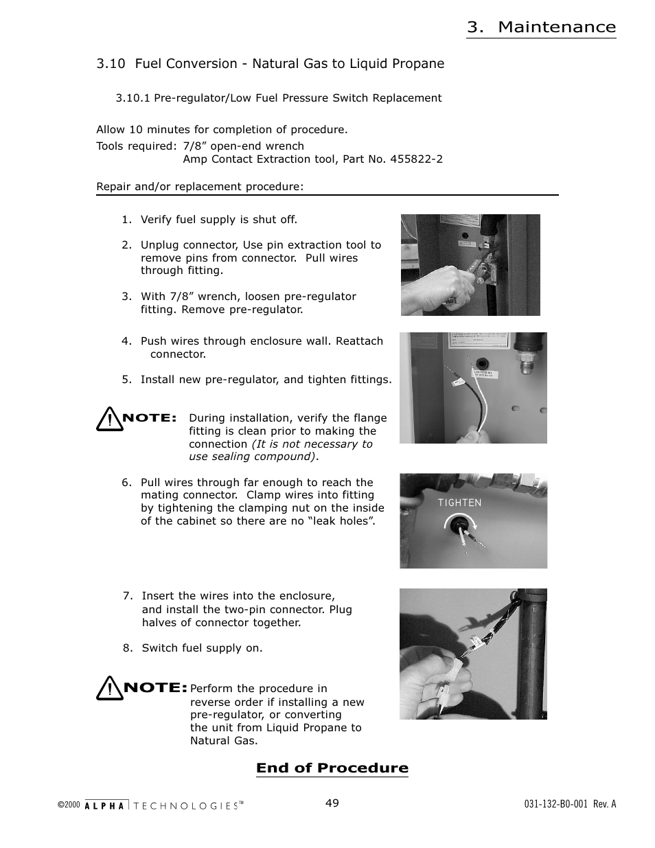 10 fuel conversion - natural gas to liquid propane, Maintenance | Alpha Technologies AlphaGen 5.0kW Auxiliary Power Unit User Manual | Page 49 / 88
