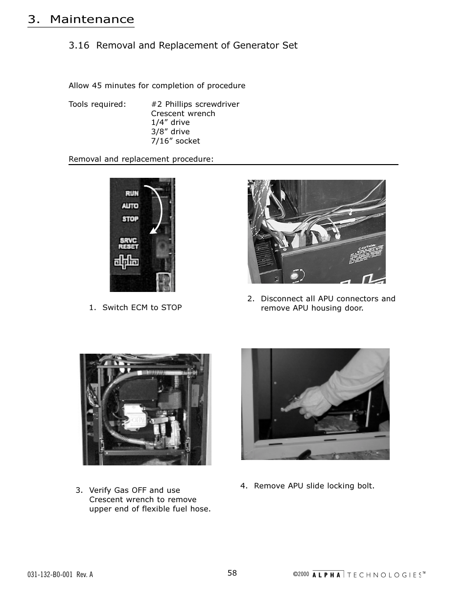 16 removal and replacement of generator set, Maintenance | Alpha Technologies AlphaGen 5.0kW Auxiliary Power Unit User Manual | Page 58 / 88