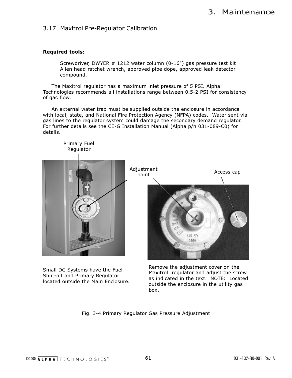 17 maxitrol pre-regulator calibration, Fig. 3-4 primary regulator gas pressure adjustment, Fig. 3-4 | Primary regulator gas pressure adjustment, Maintenance | Alpha Technologies AlphaGen 5.0kW Auxiliary Power Unit User Manual | Page 61 / 88