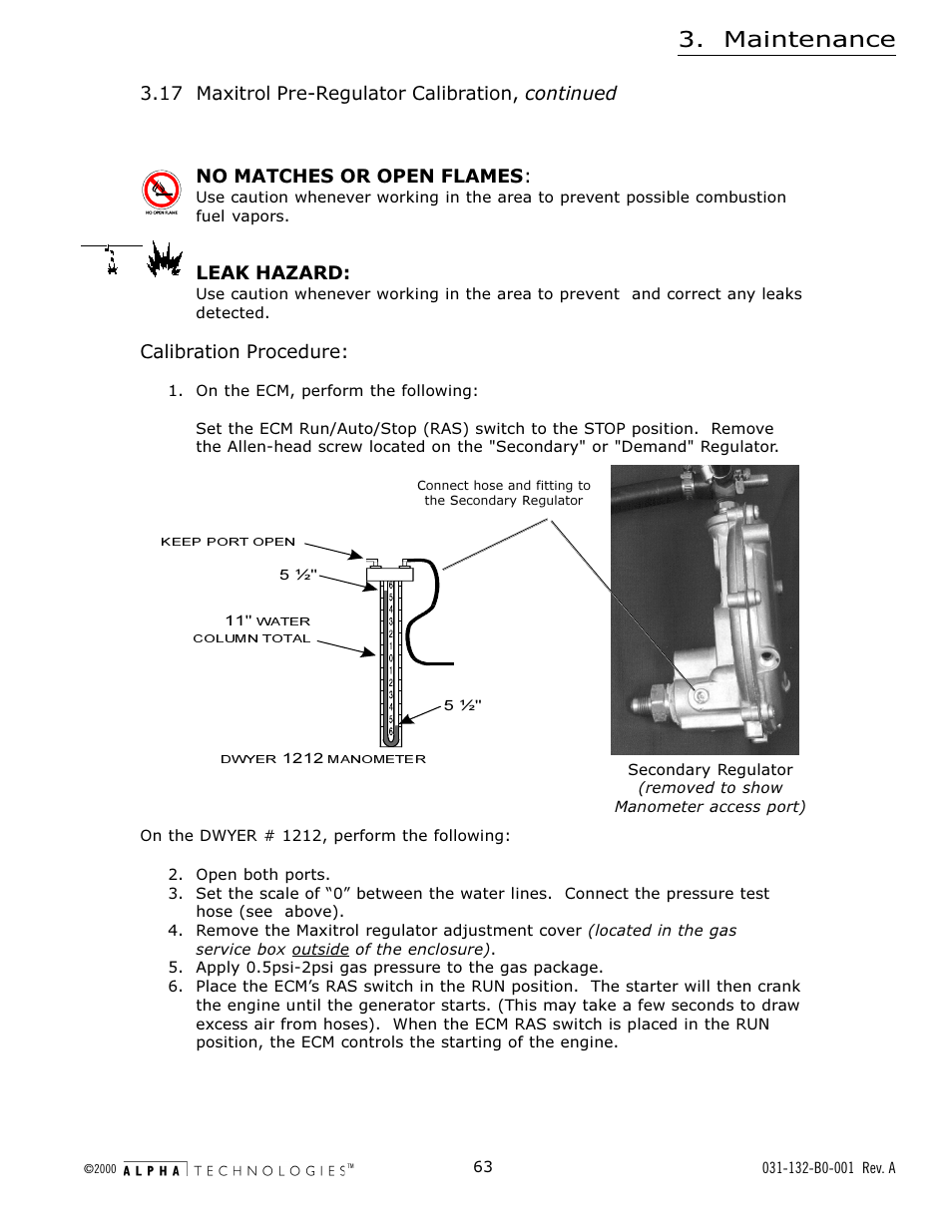 Maintenance, No matches or open flames, Leak hazard | Calibration procedure, 17 maxitrol pre-regulator calibration, continued | Alpha Technologies AlphaGen 5.0kW Auxiliary Power Unit User Manual | Page 63 / 88